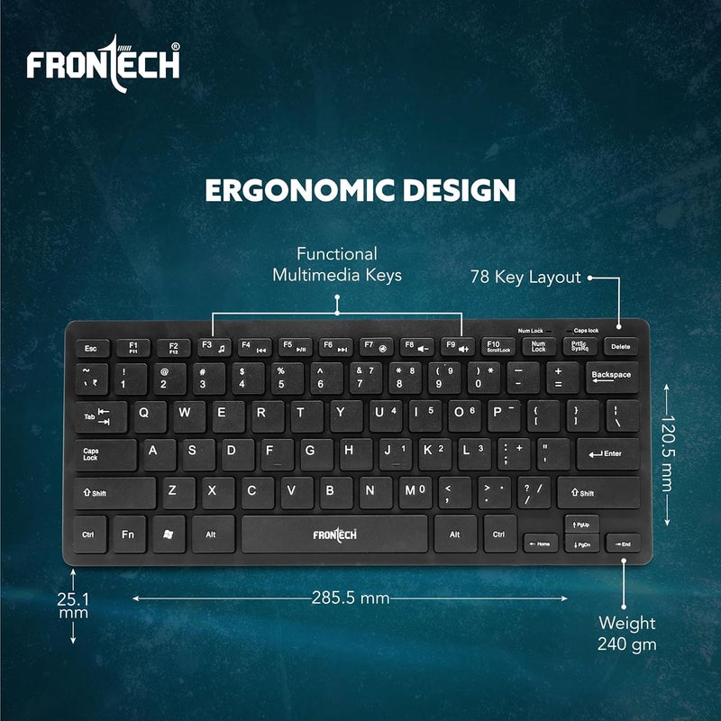 FRONTECH Wired Mini Keyboard | Membrane Keys with Retractable Stands | USB Plug & Play | Ergonomic & Comfortable Design | 1 Year Warranty (KB-0041, Black) - Image 3