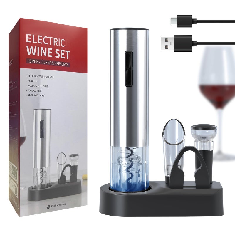 Oaklete Electric Wine Opener 6in1 Rechargeable Wine Bottle Opener set includes Automatic Corkscrew Wine Opener Foil Cutter Vacuum Wine Stopper etc Ideal gift for Wine Lovers Silver