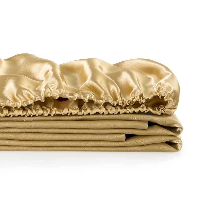 Luxbedding Satin Fitted Sheet  Full Fitted Sheet Only  1 - Piece Ultra Soft Deep Pocket Single Silk Bottom Bed Sheet Full - Gold  - Image 5