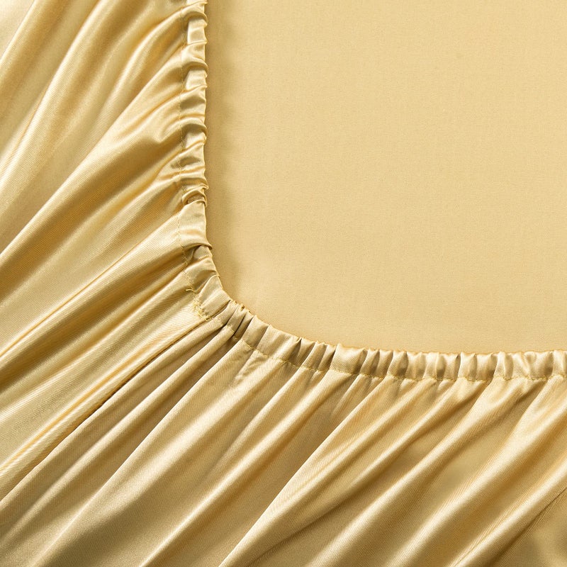 Luxbedding Satin Fitted Sheet  Full Fitted Sheet Only  1 - Piece Ultra Soft Deep Pocket Single Silk Bottom Bed Sheet Full - Gold  - Image 3