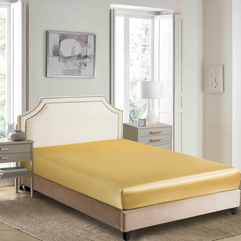 Luxbedding Satin Fitted Sheet  Full Fitted Sheet Only  1 - Piece Ultra Soft Deep Pocket Single Silk Bottom Bed Sheet Full - Gold  - Image 2