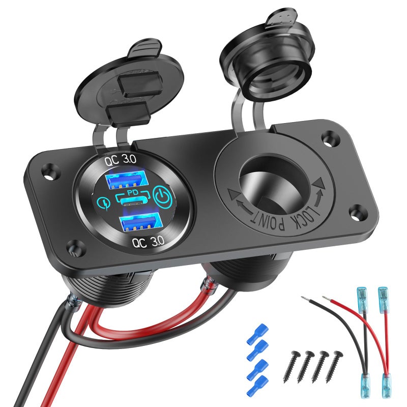 Hapytrip 12V USB Outlet Marine Switch Panel 12 Volt Plug PD30 Dual Quick Charge 30 USB Ports Aluminum Car Charger with Power Switch Waterproof 150W Cigarette Lighter Socket 2 in 1 DIY Kit for Boat RV ATV - Image 3