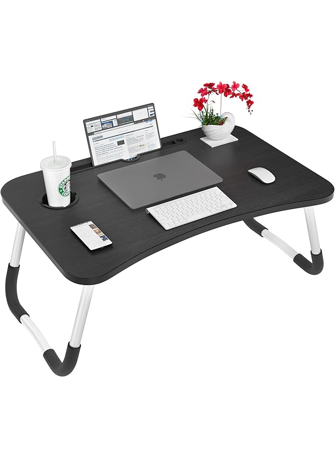 إيروريكس طاولة كمبيوتر محمول قابلة للطي للسرير، طاولة كمبيوتر محمولة محمولة مع حامل أكواب، طاولة كمبيوتر محمولة، صواني سرير للعمل والأكل والكتابة، لون أسود - Image 1