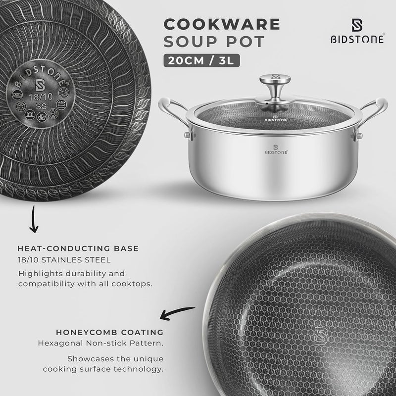 20cm Stainless Steel Casserole Pot – 3L Honeycomb Nonstick, Induction & Oven Safe, PTFE/PFOA-Free, Dishwasher Safe, Tempered Glass Lid