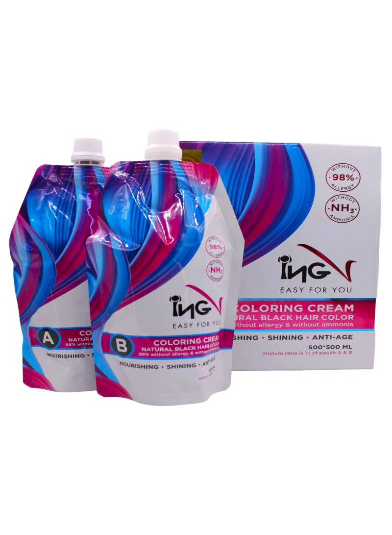 ING Natural Black Permanent Hair Color  Professional Ammonia Free Hair Dye Cream Rich Black Shine  Grey Coverage 500ML*2