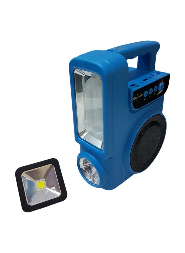 FM radio, built-in speaker, flashlight, and lamp, as well as an external lamp. It can be operated via memory, USB, or Bluetooth. It can be charged by electricity or solar energy. Multi-colored. - Image 1
