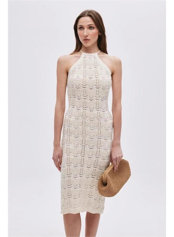 Sherin Ecru Halter Neck Midi Knit Dress.