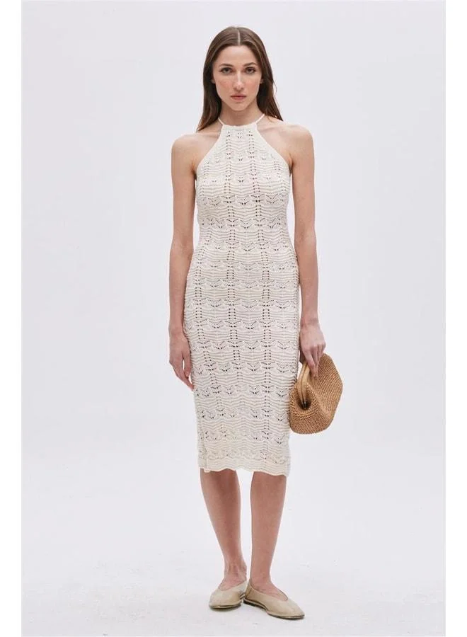 Sherin Ecru Halter Neck Midi Knit Dress.