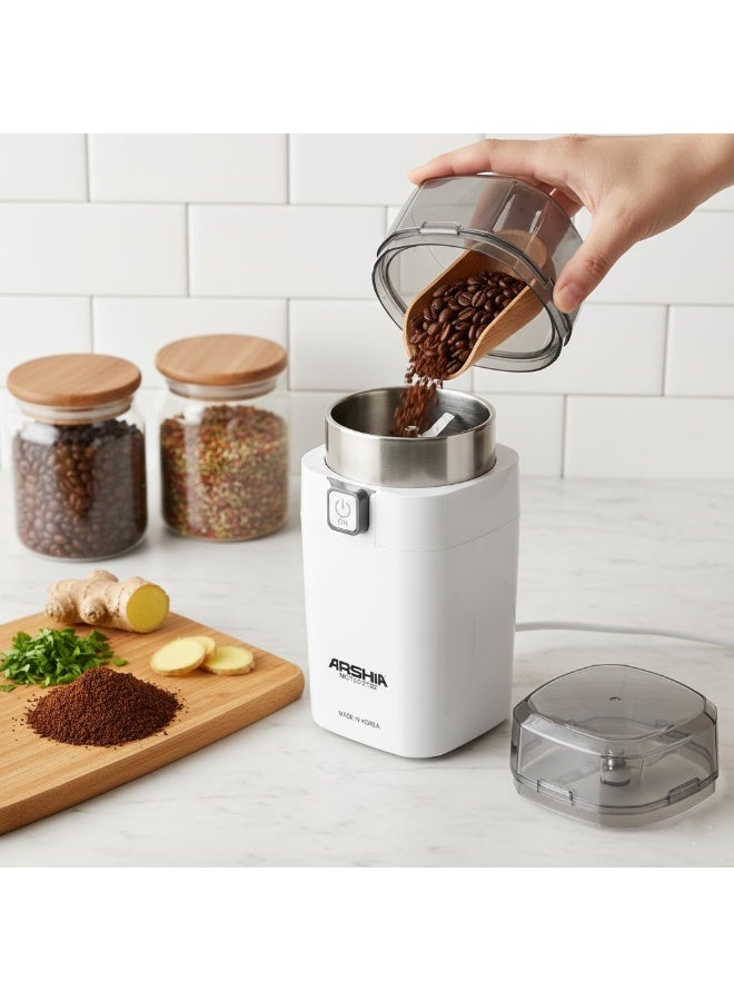 Arshia Electric Coffee Bean Grinder – 150W – 300ml Capacity – Stainless Steel Blades – One-Touch Operation – Transparent Lid – White Color – 18-Month Warranty - Image 1