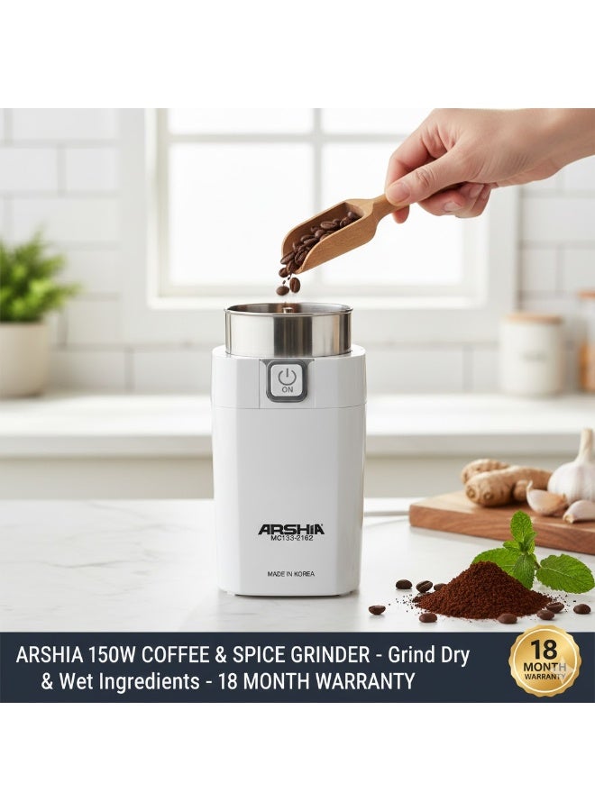 Arshia Electric Coffee Bean Grinder – 150W – 300ml Capacity – Stainless Steel Blades – One-Touch Operation – Transparent Lid – White Color – 18-Month Warranty - Image 5