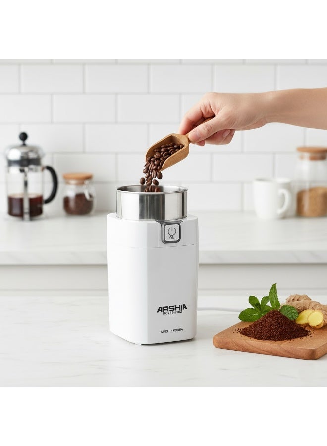 Arshia Electric Coffee Bean Grinder – 150W – 300ml Capacity – Stainless Steel Blades – One-Touch Operation – Transparent Lid – White Color – 18-Month Warranty - Image 2
