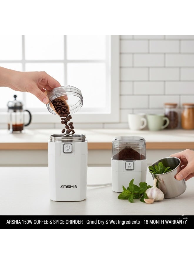 Arshia Electric Coffee Bean Grinder – 150W – 300ml Capacity – Stainless Steel Blades – One-Touch Operation – Transparent Lid – White Color – 18-Month Warranty - Image 4
