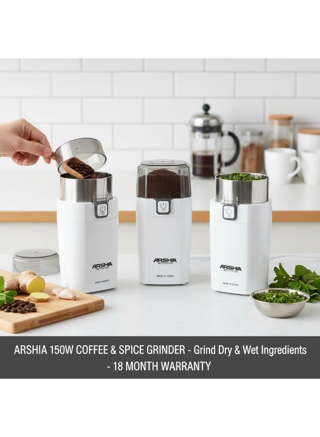 Arshia Electric Coffee Bean Grinder – 150W – 300ml Capacity – Stainless Steel Blades – One-Touch Operation – Transparent Lid – White Color – 18-Month Warranty - Image 3