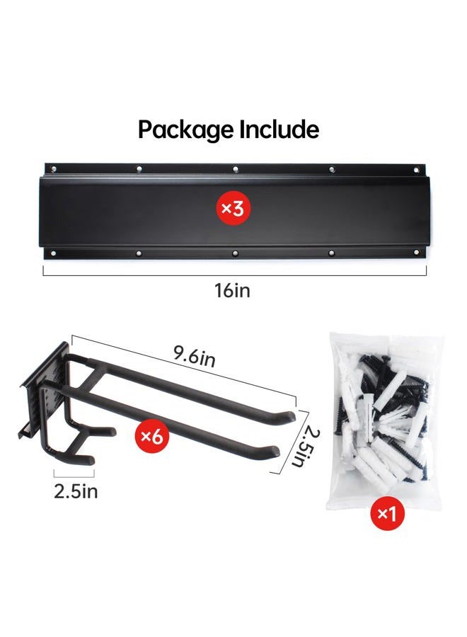 NOEAIKE Garage Storage Rack Hooks, 48 Inch Heavy Duty Wall Mount Garage Organization with 3 Rails and 6 Adjustable Double Wall Hooks,Hanging Shelves for Garden Tool/Broom/Mop(Black) - Image 2