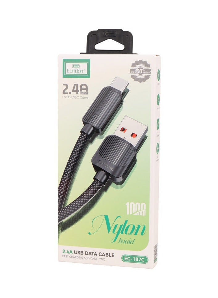 Earldom EC-187C USB to USB-C Data Cable – 2.4A Fast Charging & Sync, Nylon Braided, 1M, Black - Image 1