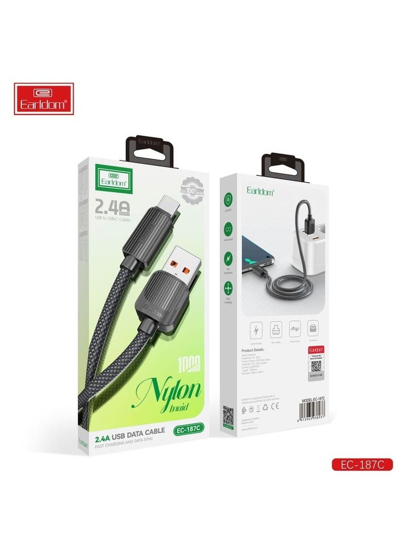 Earldom EC-187C USB to USB-C Data Cable – 2.4A Fast Charging & Sync, Nylon Braided, 1M, Black - Image 3