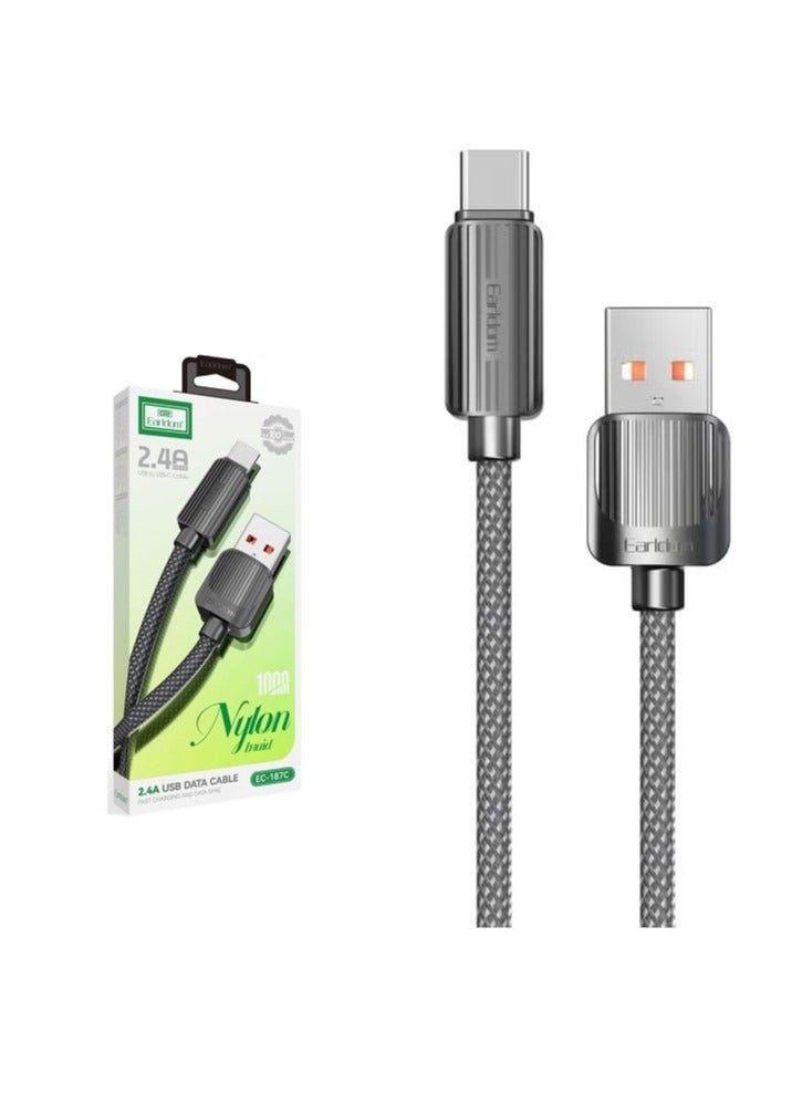 Earldom EC-187C USB to USB-C Data Cable – 2.4A Fast Charging & Sync, Nylon Braided, 1M, Black - Image 4