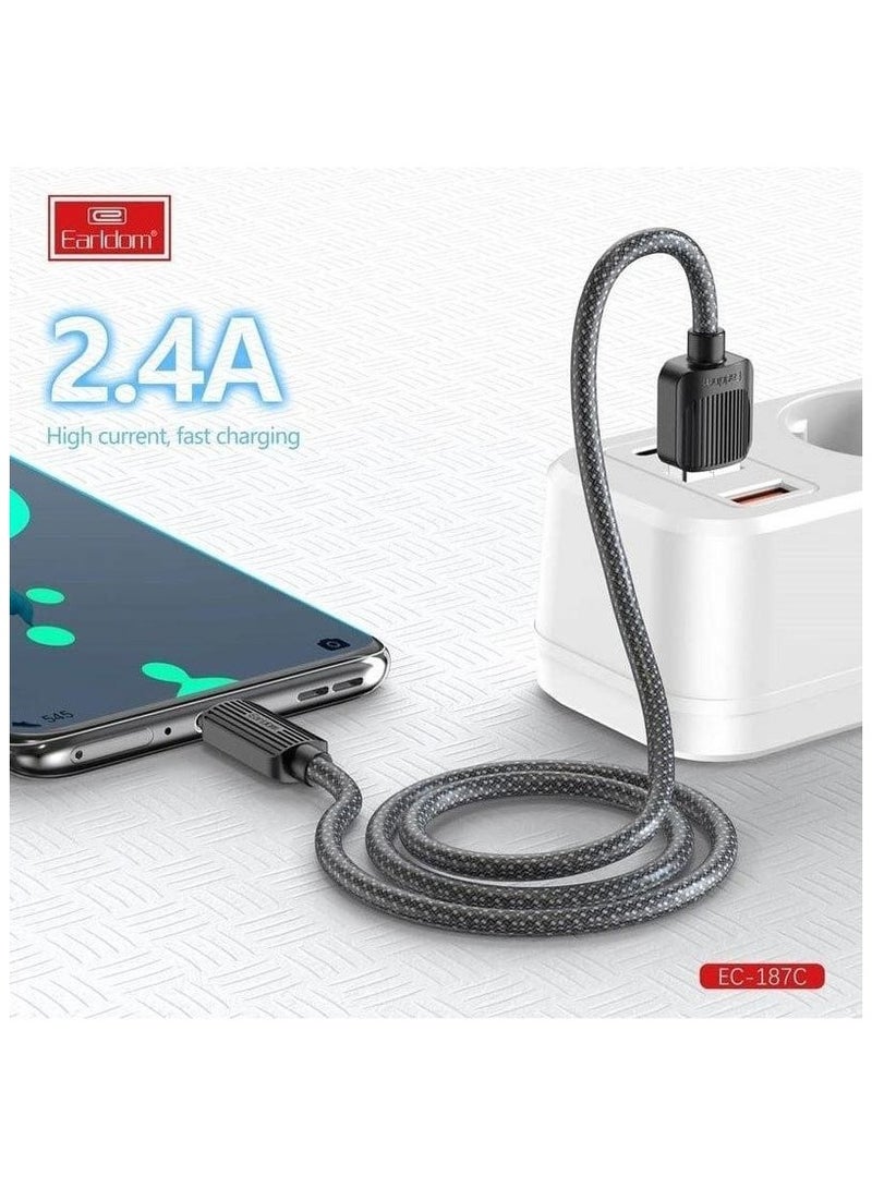 Earldom EC-187C USB to USB-C Data Cable – 2.4A Fast Charging & Sync, Nylon Braided, 1M, Black - Image 2