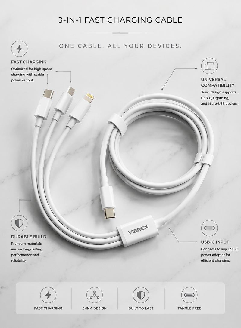 Vierex 3A Three-in-One Multi USB Fast Charging Cable, VC-15 Series High-Speed Triple Output Cord for Type-C, Micro-USB, and Lightning Devices - Image 5