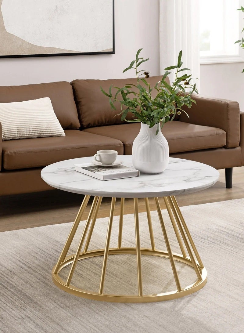 Mobellya Round Coffee Table with Marble Top and Gold Metal Cage Base - Modern Elegant Design - Image 3