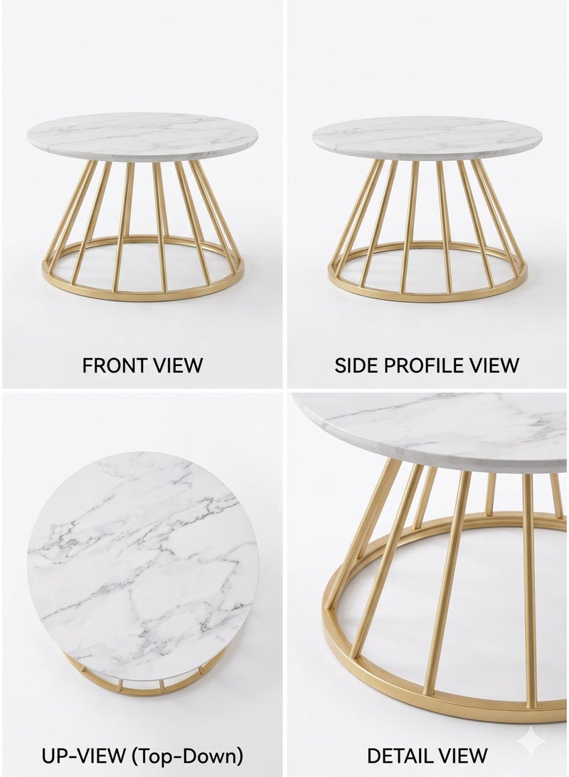 Mobellya Round Coffee Table with Marble Top and Gold Metal Cage Base - Modern Elegant Design - Image 2