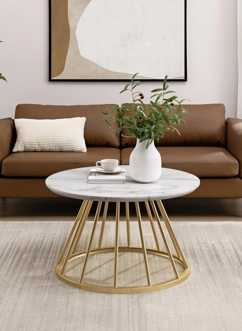 Mobellya Round Coffee Table with Marble Top and Gold Metal Cage Base - Modern Elegant Design - Image 1
