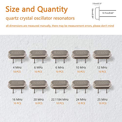 VAPKER 100 Pcs 10 value DIP Quartz Crystal Oscillator 4M,6M,8M,10M,12M,16M,20M,22.1184M,24M,25M Crystal Resonators Oscillator Assortment Kit - Image 2