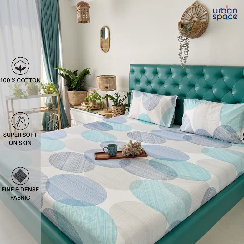 Urban Space 100% Cotton Bedsheet for Elastic Fitted Bed King Size, Serene 200 TC Bedsheet King Size Bed Cotton with 2 Pillow Cover (72 x 78 inches, Oval Blue) - Image 3