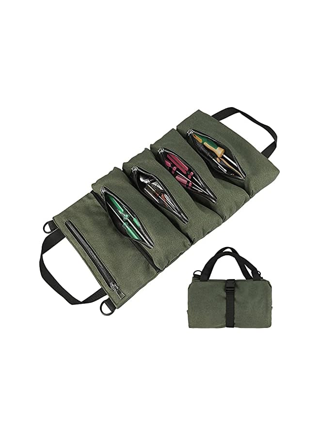 PROMASS Roll Up Tool Bag,Car Super Tool Roll Bags,Canvas Tool Roll Pouch,Multi-Purpose Wrench Tool Roll Organizer Hanging Pouch Tote Carrier Bag with 5 Zipper Pockets (Green)  - Image 1