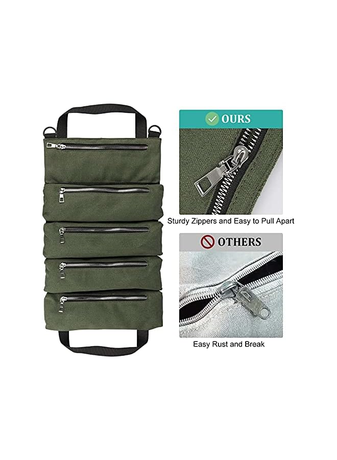PROMASS Roll Up Tool Bag,Car Super Tool Roll Bags,Canvas Tool Roll Pouch,Multi-Purpose Wrench Tool Roll Organizer Hanging Pouch Tote Carrier Bag with 5 Zipper Pockets (Green)  - Image 5