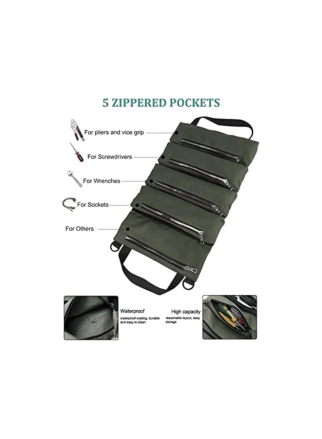 PROMASS Roll Up Tool Bag,Car Super Tool Roll Bags,Canvas Tool Roll Pouch,Multi-Purpose Wrench Tool Roll Organizer Hanging Pouch Tote Carrier Bag with 5 Zipper Pockets (Green)  - Image 4