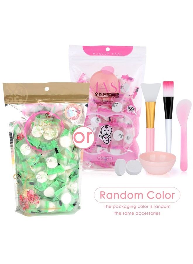 100Pcs Compressed Facial Mask Cotton Face Mask Sheet Grain Skin Care Dry Sheet Mask Paper DIY Natural Face Cotton Mask Sheet, Get Free of 1×Mask Bowl,1×Mask stick,1×Silicone Brush,1×Soft Bristle Brush