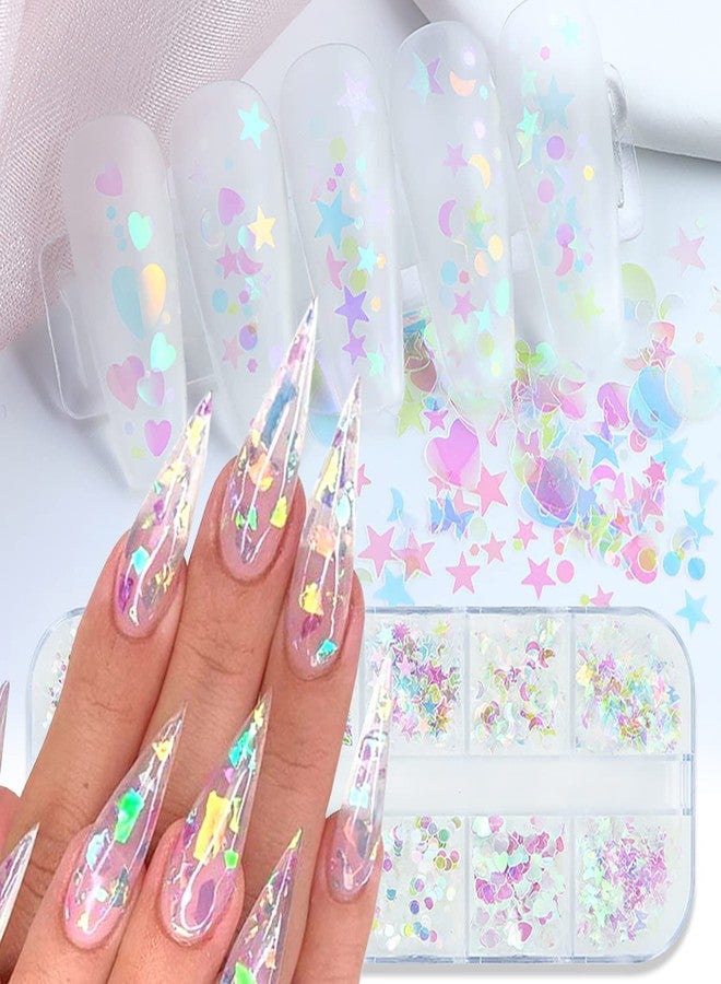 Vezocim Iridescent Nail Art Glitter Sequins, Holographic 3D Ultra Thin Nail Art Glitter Flakes Designs, Heart Butterfly Round Star Acrylic Nails Supplies for Women Girls Manicure Decorations, DIY Nail Crafts - Image 1