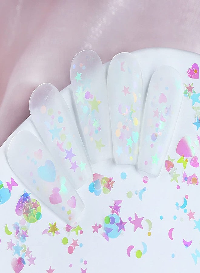 Vezocim Iridescent Nail Art Glitter Sequins, Holographic 3D Ultra Thin Nail Art Glitter Flakes Designs, Heart Butterfly Round Star Acrylic Nails Supplies for Women Girls Manicure Decorations, DIY Nail Crafts - Image 4