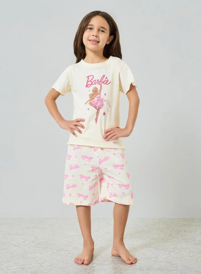 Styli Girls Cream Barbie Graphic T-Shirt and Shorts Set