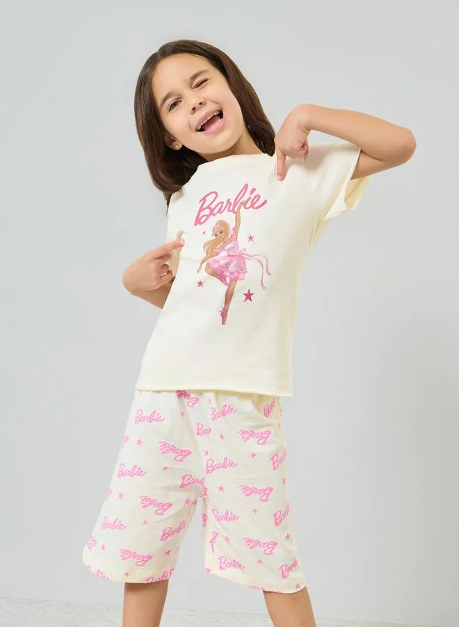 Styli Girls Cream Barbie Graphic T-Shirt and Shorts Set