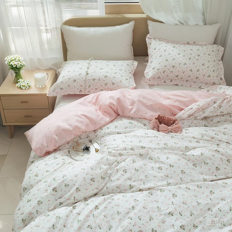 EAVD Vintage Style Garden Pink Floral Duvet Cover Queen 100% Cotton White Pink Botanical Bedding Set for Girls Women Chic Shabby Boho Botanical Floral Comforter Cover with Zipper Closure 4 Ties - Image 1