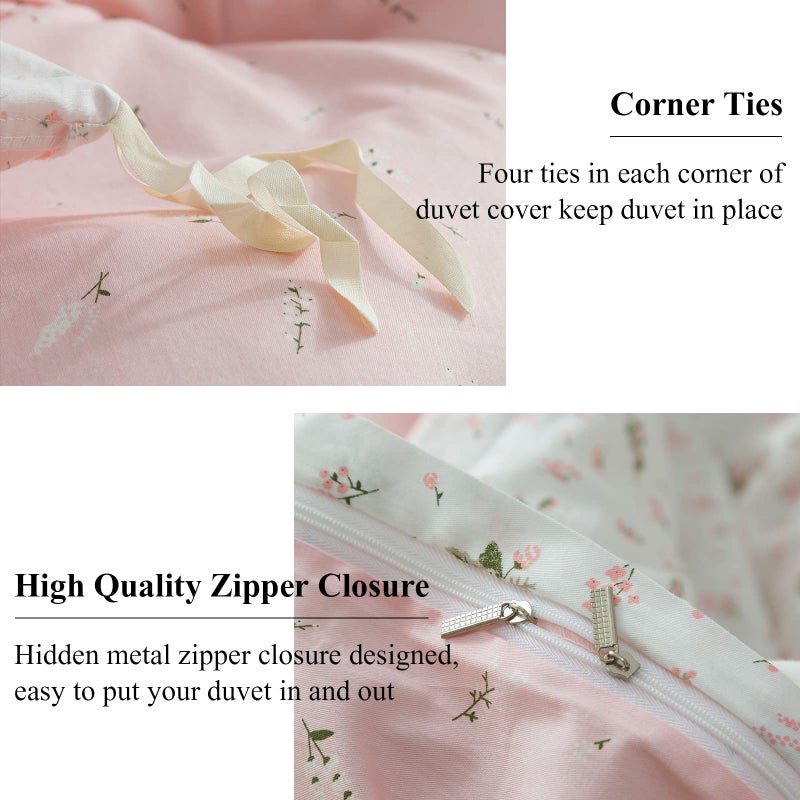 EAVD Vintage Style Garden Pink Floral Duvet Cover Queen 100% Cotton White Pink Botanical Bedding Set for Girls Women Chic Shabby Boho Botanical Floral Comforter Cover with Zipper Closure 4 Ties - Image 5