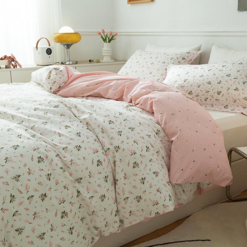 EAVD Vintage Style Garden Pink Floral Duvet Cover Queen 100% Cotton White Pink Botanical Bedding Set for Girls Women Chic Shabby Boho Botanical Floral Comforter Cover with Zipper Closure 4 Ties - Image 2