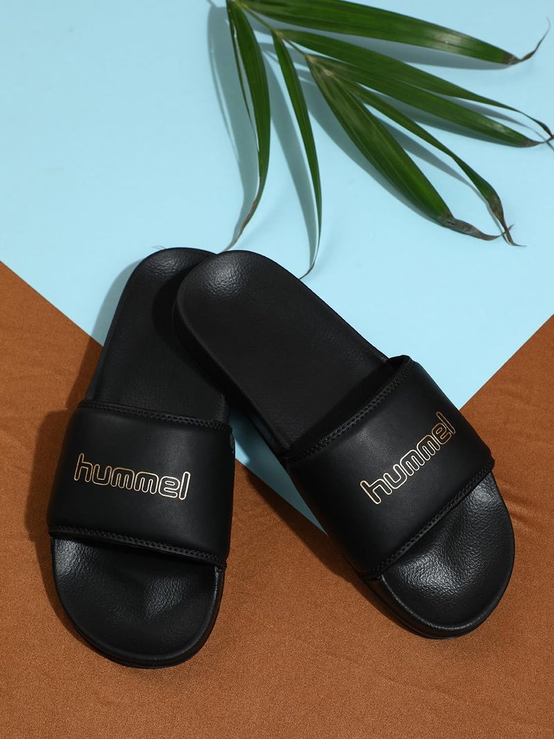 hummel CLASSIC MEN SLIDERS Comfortable Cushioned Sole Arch Support Durable Lightweight Flexible Trendy Style Flip flops and Slippers Slides for Men Daily use Chappal - UK 8 Black & Gold - Image 2