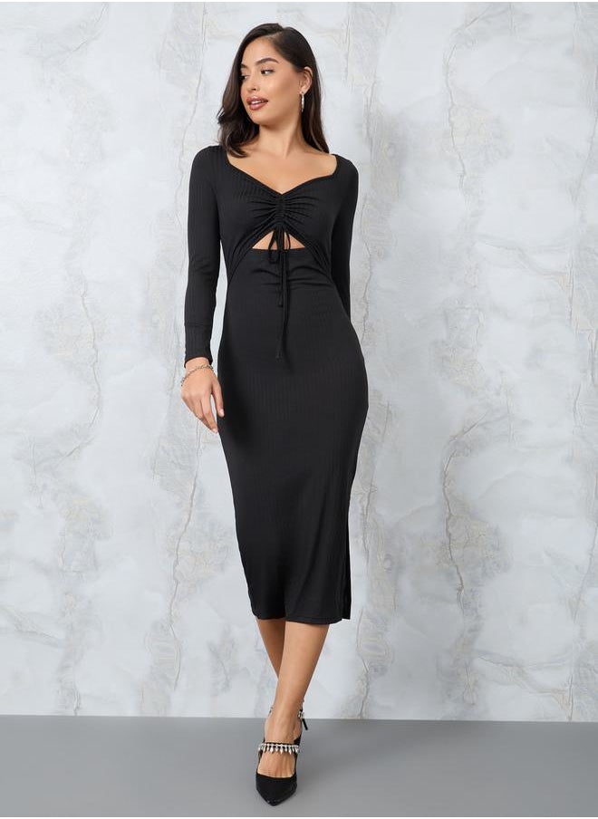 Styli - Sweetheart Neck Knit Bodycon Dress with Ruched Detail - Image 1