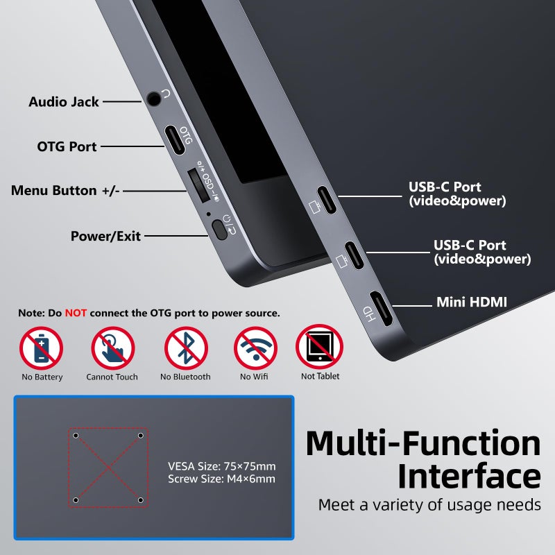 Upperizon Portable Monitor 15.6 Inch FHD 1080P HDR IPS Travel Monitor with Speakers HDMI Dual USB-C Portable Screen for MacBook Laptop Desktop Surface Xbox PS4 with Cover, VESA Compatible - Image 3