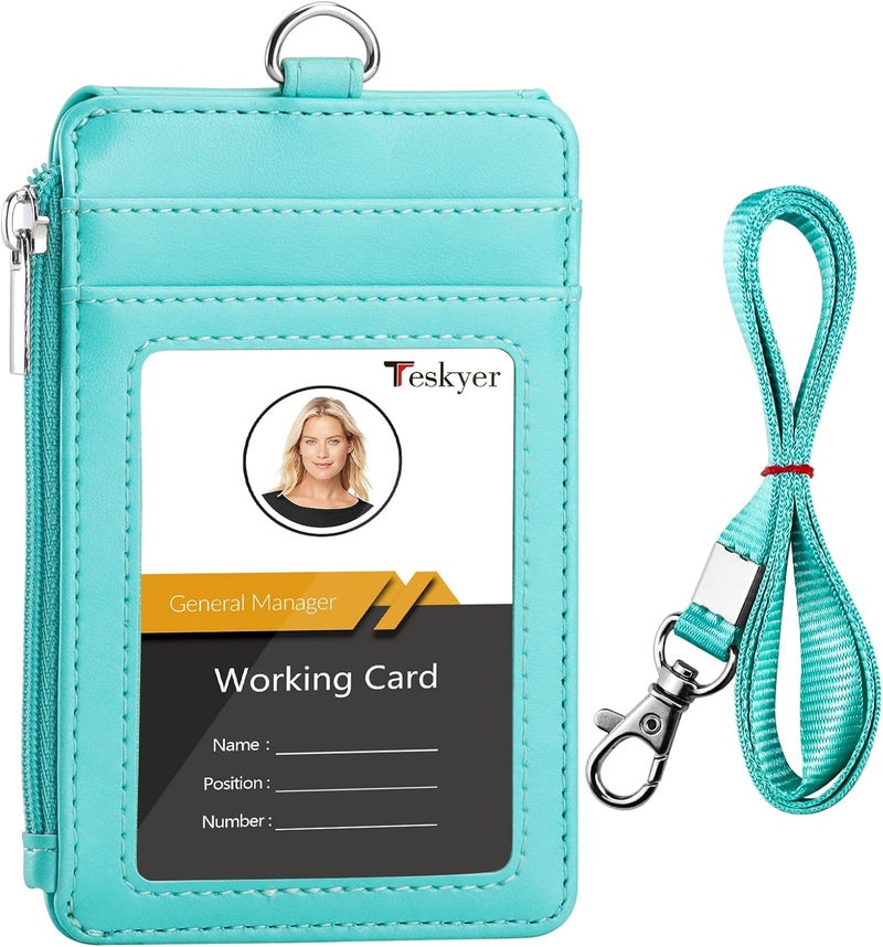 Teskyer Badge Holder with Side Zip Pocket, Multiple Card Slots Leather ID Holder Wallet with Neck Lanyard for Office Staffs, Teachers/Students, Couriers, Workers, Cyan - Image 1