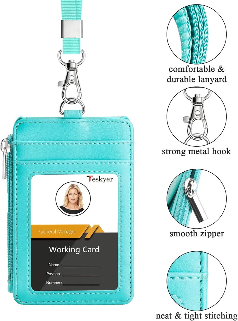 Teskyer Badge Holder with Side Zip Pocket, Multiple Card Slots Leather ID Holder Wallet with Neck Lanyard for Office Staffs, Teachers/Students, Couriers, Workers, Cyan - Image 3