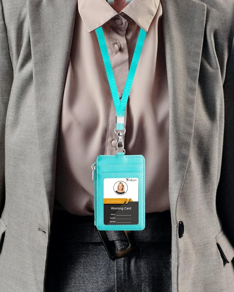 Teskyer Badge Holder with Side Zip Pocket, Multiple Card Slots Leather ID Holder Wallet with Neck Lanyard for Office Staffs, Teachers/Students, Couriers, Workers, Cyan - Image 2