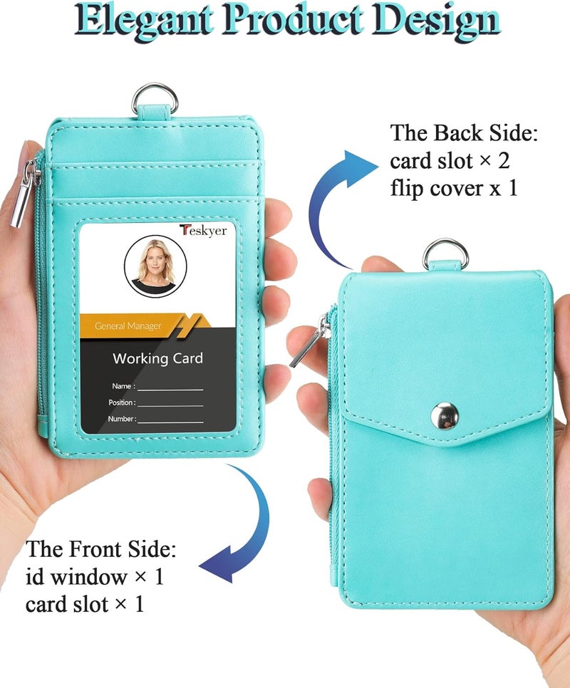 Teskyer Badge Holder with Side Zip Pocket, Multiple Card Slots Leather ID Holder Wallet with Neck Lanyard for Office Staffs, Teachers/Students, Couriers, Workers, Cyan - Image 4