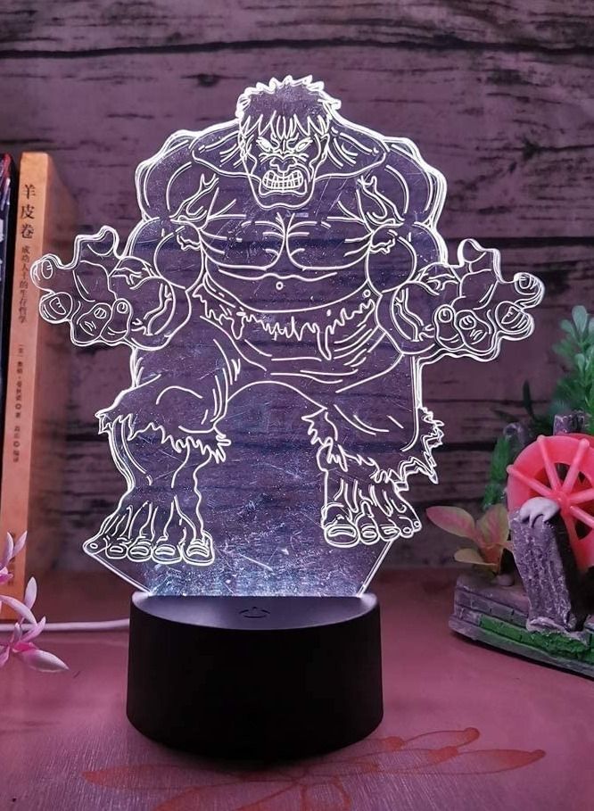 Hulk 3D Night Light Lamp Marvel Superhero Minifigures Black Base 3D LED RGB Multicolor 7 Color USB Touch & Remote Control Table Lamp Night Light for Baby Bedroom Lamp Sleeping Light Boy Kid Gift
