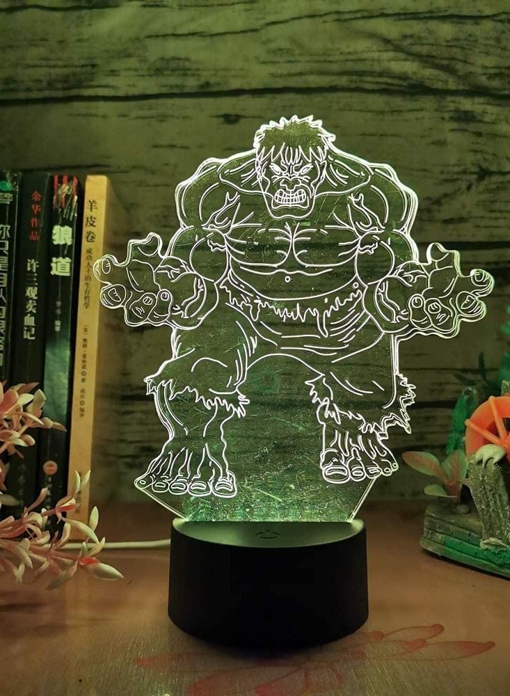 Hulk 3D Night Light Lamp Marvel Superhero Minifigures Black Base 3D LED RGB Multicolor 7 Color USB Touch & Remote Control Table Lamp Night Light for Baby Bedroom Lamp Sleeping Light Boy Kid Gift