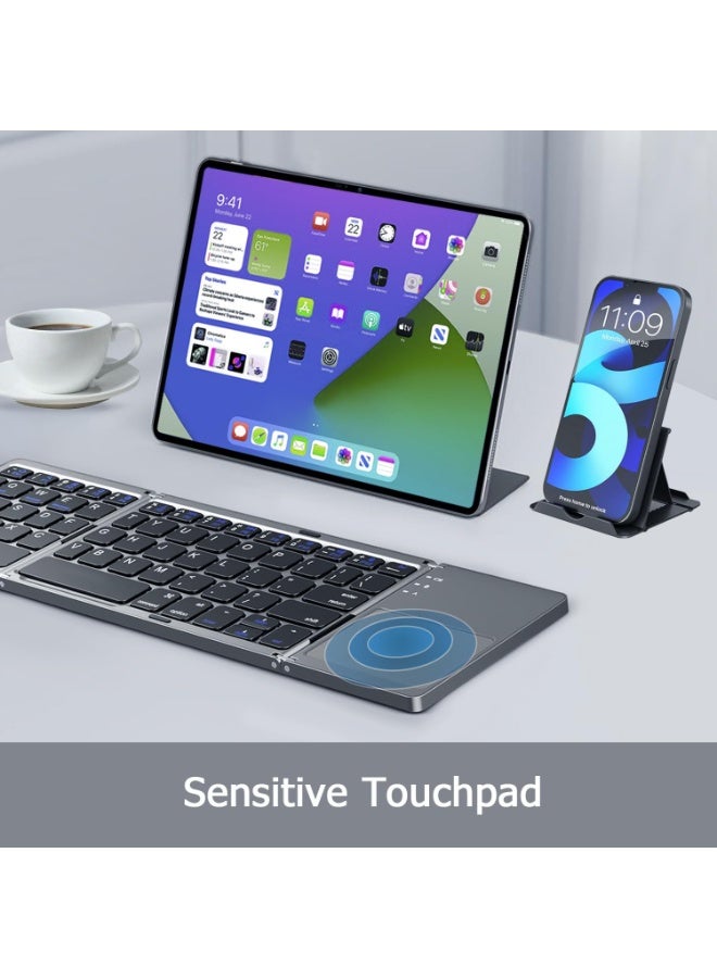 Foldable Bluetooth Keyboard with Touchpad, Ultra Slim Portable Wireless Keyboard with Rechargeable Battery for Android Windows iOS Tablets Laptops - Space Gray - Image 3