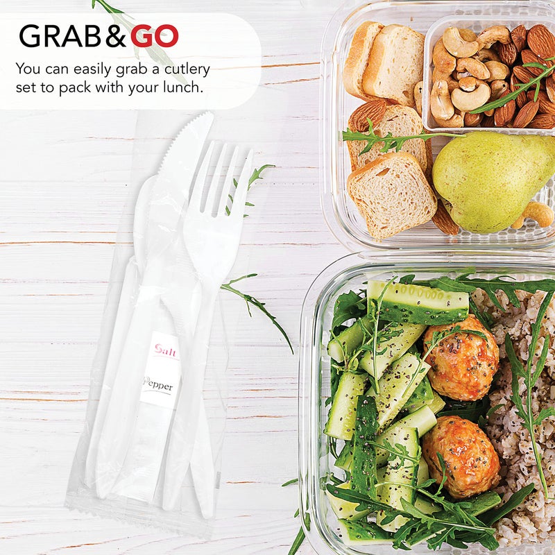 Party Essentials Individually Wrapped Plastic Cutlery Packets/Silverware Kits  White Fork/Spoon/Knife/Napkin/Salt/Pepper  100 Sets - Image 2
